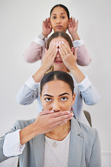 Image showing Business people, women censored and portrait for silence, cover eyes and listening, confidential or secret in studio. Face of employees or team with speech risk or communication on a white background