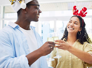 Image showing Woman, man and champagne toast at office, Christmas party and celebration drink with cheers for culture. Excited girl, xmas and smile for alcohol, sparkling wine glass and happy at event for holiday