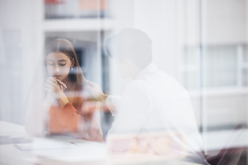 Image showing Sad woman, doctor and healthcare support in office for communication about results. Depression, mental health and a patient with a medical employee, talking and conversation about anxiety with trust