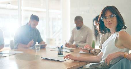 Image showing Meeting, smile and portrait of businesswoman in office for working on a creative project in collaboration. Teamwork, happy and face of female designer with colleagues for plan in workplace.