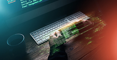 Image showing Dark, hologram and a hacker for cyber security, cloud computing or connection to computer system. Graphic, night and hands of a person typing on a pc for government information or data center network