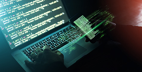 Image showing Dark, hologram and a hacker for cyber security, coding or connection to computer system. Futuristic, night and hands of a person typing on a pc for government information or data center network