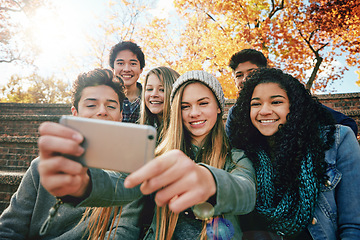 Image showing Selfie, vacation or friends in park for social media, online post or profile picture in autumn or nature. Smile, boys or happy gen z girl students taking photograph on fun holiday to relax together