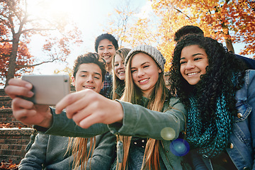 Image showing Selfie, memory or friends in park for social media, online post or profile picture in autumn or nature. Smile, group of boys or happy gen z girls taking photograph on fun holiday vacation together