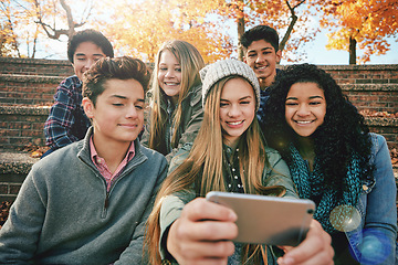 Image showing Selfie, diversity or friends in park for social media, online post or profile picture in autumn or nature. Smile, freedom or happy gen z students taking photograph on fun holiday vacation to relax