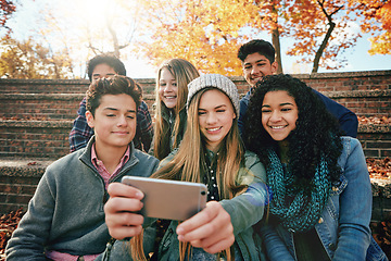 Image showing Selfie, holiday or friends in park for social media, online post or profile picture in autumn or nature. Smile, boys or happy gen z girl students taking photograph on fun vacation to relax together