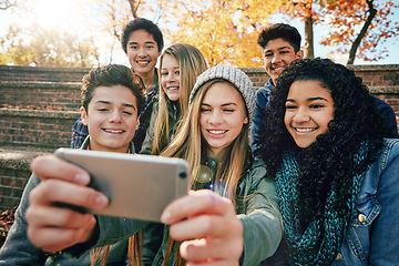 Image showing Selfie, youth or friends in park for social media, online post or profile picture in autumn or nature. Smile, teenage group of boys or happy gen z girls for fun holiday vacation photograph together