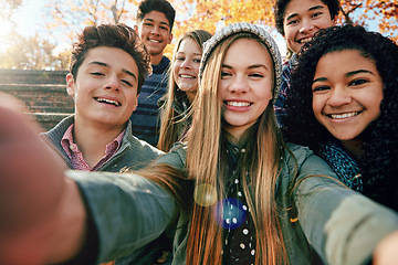 Image showing Selfie, happiness or portrait of friends in park for social media, online post or profile picture together. Boy, diversity or gen z girls with smile for photo for a fun holiday vacation to relax