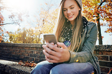 Image showing Meme, mobile app or happy woman in park on social media to chat on internet post or web notification. Phone search, news or gen z girl texting, networking or typing online on blog or bench to relax