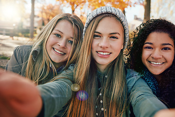 Image showing Selfie, portrait or girl friends in park for social media, online post or profile picture together in nature. Smile, diversity or happy gen z girls in photograph for memory on a fun holiday vacation