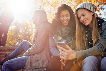 Image showing Phone, students or girl friends in park with smile for holiday vacation on funny social media post together. Happy people, gossip or gen z girls in nature talking, speaking or laughing at comedy joke