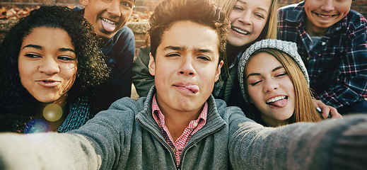 Image showing Teenage, friends or group selfie in autumn or social media joy, diversity or outdoor community bonding. Girls, male person or portrait fun face memory in park joy picture, clothes or profile picture