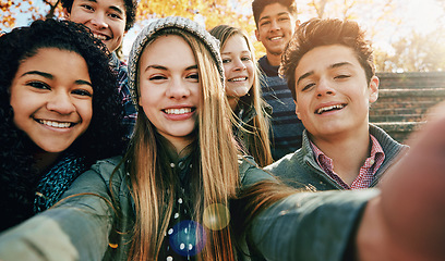 Image showing Selfie, smile and gen z friends in a park happy, bonding and having fun outdoor together. Portrait, profile picture and teenager group enjoy the weekend in a forest for vacation, holiday or chilling