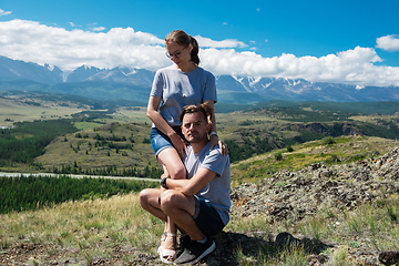 Image showing Loving couple together on mountain