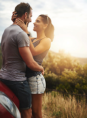 Image showing Road trip, love or happy couple hug in nature for date, support or care on a summer break or park adventure. Freedom, man or woman on outdoor holiday vacation together to bond, relax or travel in USA