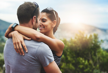 Image showing Smile, love or happy couple hug in park for date, support or care in nature with peace, bond or freedom. Embrace, romantic man or woman on outdoor holiday vacation together to relax or travel