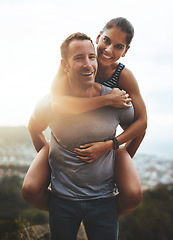 Image showing Portrait, piggy back and couple with love, outdoor and lens flare with happiness, freedom and bonding. Face, man carrying woman and adventure with health, journey or outside with wellness or vacation