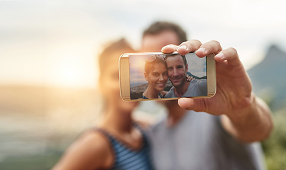 Image showing Hands, phone or couple taking selfie in nature for social media or online post for outdoor vacation. Travel, freedom or happy woman taking photograph or pictures with love on a fun holiday adventure