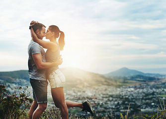 Image showing Fitness, space and a couple hugging in the mountains while outdoor for a cardio workout together. Flare, love or exercise with a sports man and woman in nature to run while training for a marathon