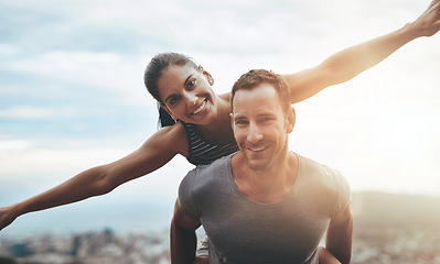 Image showing Portrait, piggy back and couple with adventure, outdoor and lens flare with happiness, love and bonding. Face, man carrying woman or travel with health, fun and outside with journey, smile or freedom
