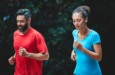 Image showing People, running outdoor for exercise and health in park, support and training for marathon with cardio. Runner, athlete and sport with couple in nature, challenge and fitness with workout for race