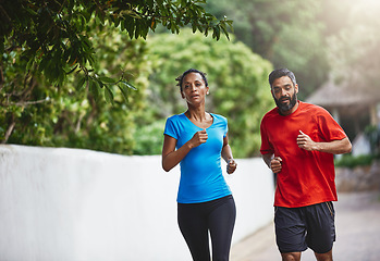 Image showing Couple in park, running together and exercise in nature, fitness and training for marathon with bonding and sports. People workout, cardio outdoor for health and wellness with runner and challenge