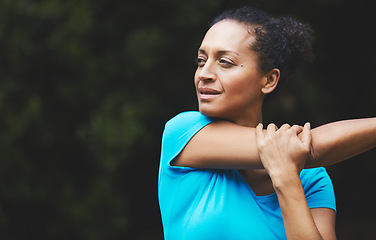 Image showing Woman stretching, park and fitness outdoor with arm muscle, strong and start exercise. Athlete, sports and flexible in nature, training and ready for workout, prepare with warm up and mockup space