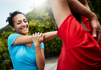 Image showing People are stretching, exercise and start workout with athlete, personal trainer or couple ready for fitness outdoor. Health, wellness and prepare for training, sports and flexibility with warm up