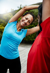 Image showing People are stretching, fitness and start exercise with smile, personal trainer or couple ready for workout outdoor. Health, wellness and prepare for training, sports and flexibility with warm up