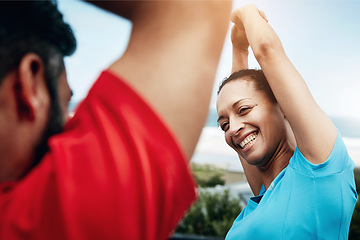 Image showing People are stretching, fitness and start workout with athlete, personal trainer or couple ready for exercise outdoor. Health, wellness and prepare for sports and happy with warm up and flexibility