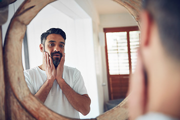 Image showing Mature man, mirror and reflection in bathroom with thinking, wellness and beard for skincare, ideas and home. Person, morning and check face for beauty, health and facial hair with routine in house