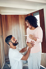 Image showing Happy man, woman and pregnancy test with results, home and holding hands on stomach for congratulations. Mature couple, excited and smile for ivf success, pregnant partner and baby for celebration