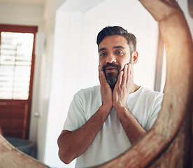 Image showing Mature man, mirror and reflection in home with thinking, wellness and beard for skincare, ideas and morning. Person, bathroom and check face for beauty, health and facial hair with routine in house