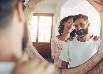 Image showing Smile, reflection and morning with couple, mirror and wake up for support, love and care. Happy, man and woman for commitment, bonding together and home for intimacy marriage and healthy relationship