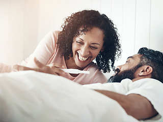 Image showing Mature couple, pregnancy test and happy for results, bed or home for celebration, surprise and announcement. Woman, man and excited smile for ivf success, pregnant partner or hope for baby in morning