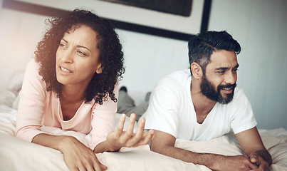 Image showing Divorce, ignore and couple in bedroom, conflict and depression with marriage fail, stress and mental health risk. Thinking, fighting and woman with man, home and angry with anxiety and frustrated