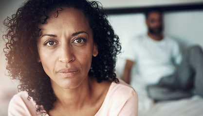 Image showing Portrait, bedroom and couple with stress, ignore and divorce with conflict, depression and mental health. Home, man and woman with anxiety, frustrated or fight with marriage, relationship fail or sad