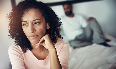 Image showing Divorce, sad and couple in bedroom for problem, depression and marriage fail and mental health risk. Thinking, fight and woman with man, conflict and home depressed with anxiety, frustrated or stress
