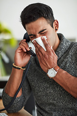 Image showing Phone call, sneeze and blowing nose with a man using a tissue closeup in a home for relief from allergy symptoms. Sick, cold or influenza and a person talking with a virus due to pollen or hay fever