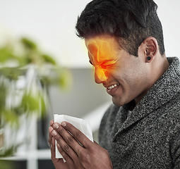 Image showing Congestion, red pain and blowing nose with a man using a tissue in his home for relief from allergies. Sick, cold or flu and a young person ill with a virus due to pollen or hay fever symptoms