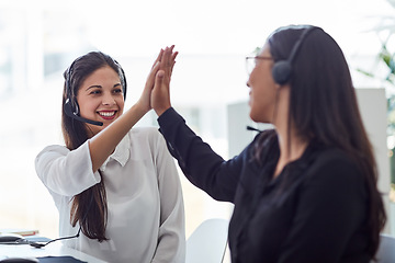 Image showing Call center, high five and people for success, business communication goals and target, sales or teamwork. Agency employees, consultant or women hands together for support, well done and achievement