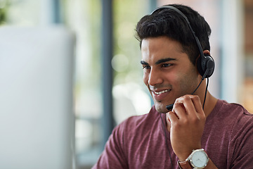 Image showing Business man, call center and computer for technical support, virtual communication and contact in office. Happy consultant or agent in headphones for information technology solution at tech company