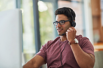 Image showing Man, call center and computer in home office for technical support, virtual communication and online support. Remote consultant or agent in headphones for information technology, solution and advice