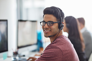 Image showing Man, office and call center portrait for customer service, e commerce sales and telemarketing communication. Face of Mexican consultant or agent on computer, telecom workspace and contact or web chat