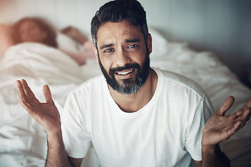 Image showing Confused, portrait of a man with stress in the bedroom, home and marriage anxiety with wife. House, frustrated and face of a person with a gesture for mental health, fear or sad about a divorce