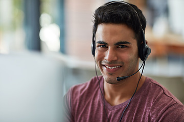 Image showing Man, consultant portrait and call center for communication, business contact and e commerce or customer support. Happy, face and professional agent or advisor on computer for virtual advice and help