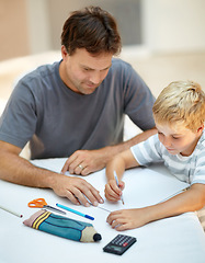 Image showing Education, homework and man with child in backyard to study, teaching and learning math. Homeschool, dad and kindergarten boy at table with pen, paper and help with problem solving school project.