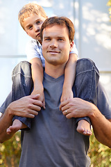 Image showing Piggy back, portrait and dad with son in backyard, cute bonding together with care and love. Smile, father and young child in outdoor garden with happy relationship, trust and support for man and boy