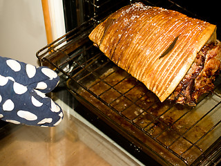 Image showing Food - Persons hand taking roast out of oven