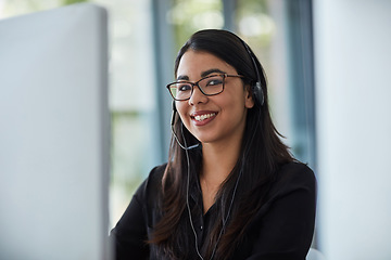 Image showing Woman, consultant portrait and call center for customer service, e commerce support or office communication. Face of professional agent or virtual assistant for business advice or help on computer